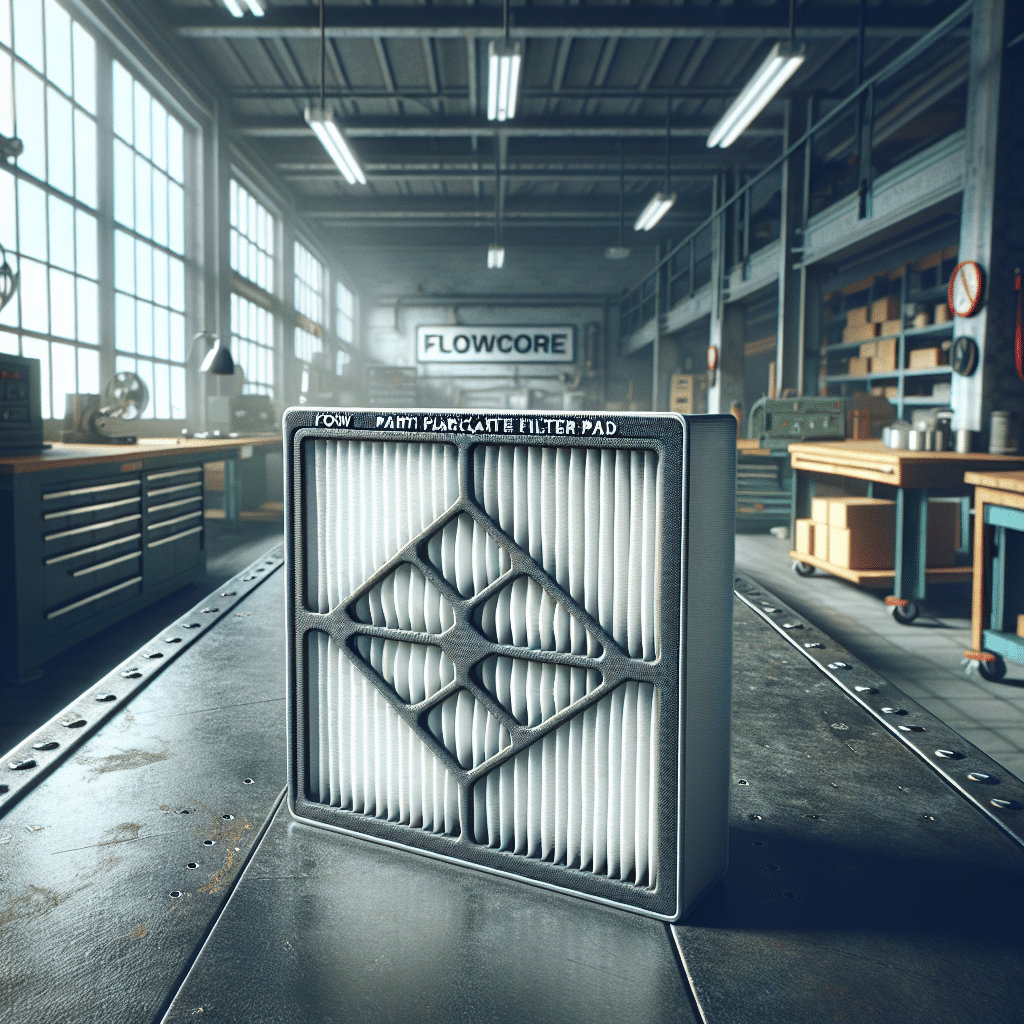 Close-up of a FlowCore filter pad showing clear filter indicators for pad replacement in a workshop environment.