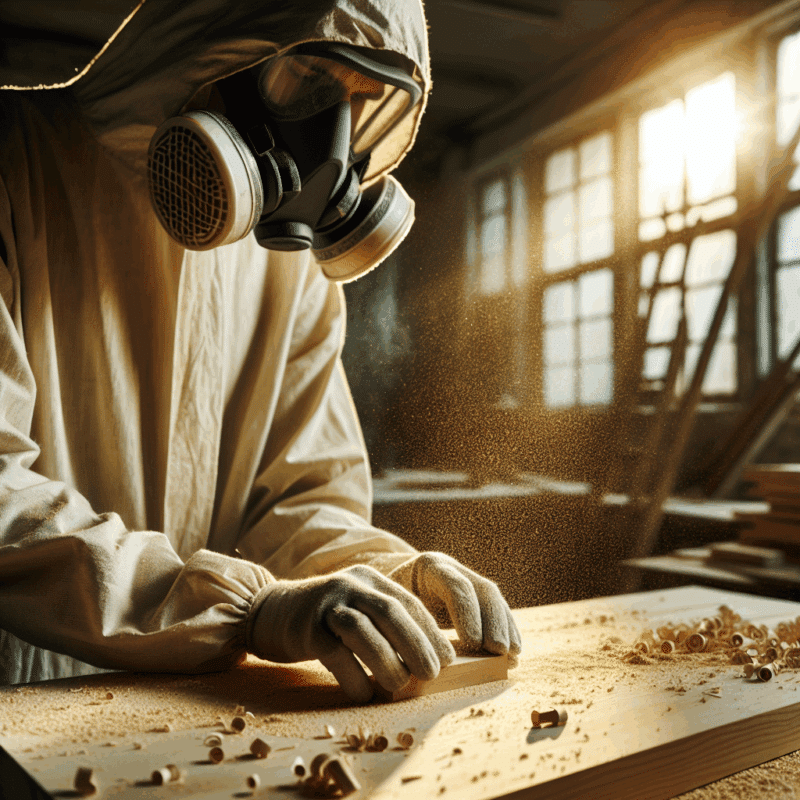 DIY user sanding timber indoors with a respirator, demonstrating timber sanding masks and protective gear effectiveness.