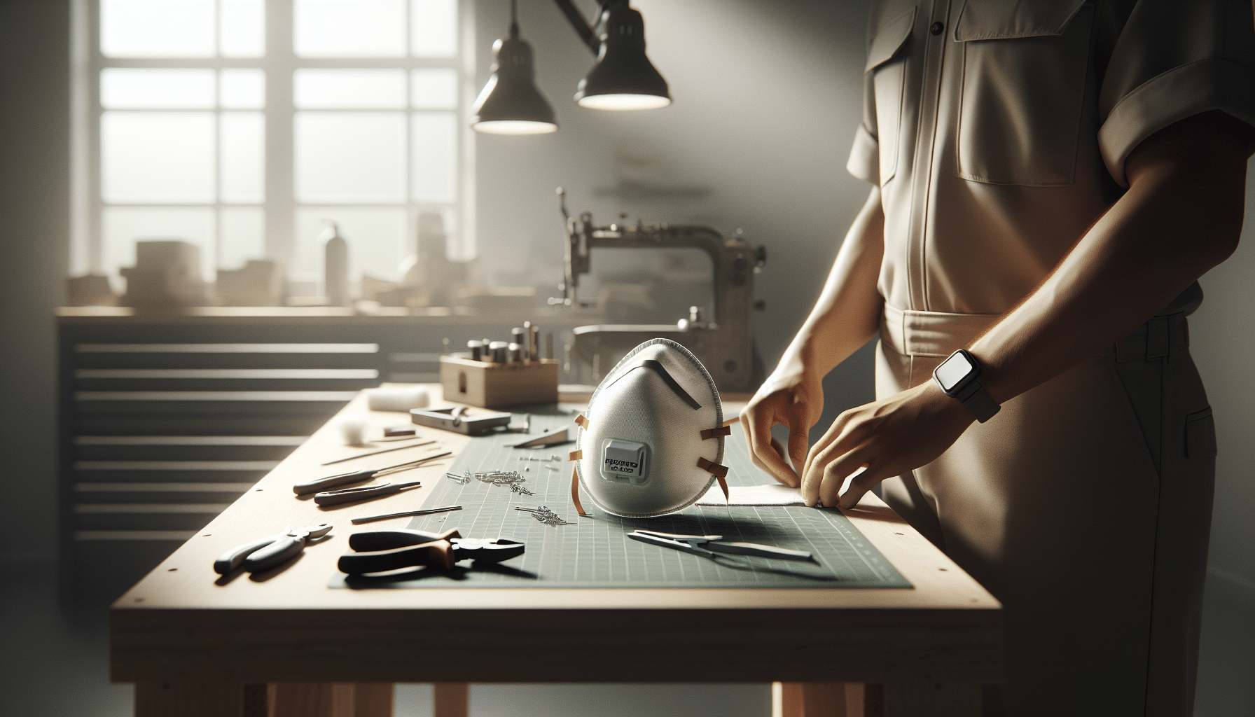 ProDefend Torxup mask receiving a new white FlowCore filter on a dusty workbench from a side view.