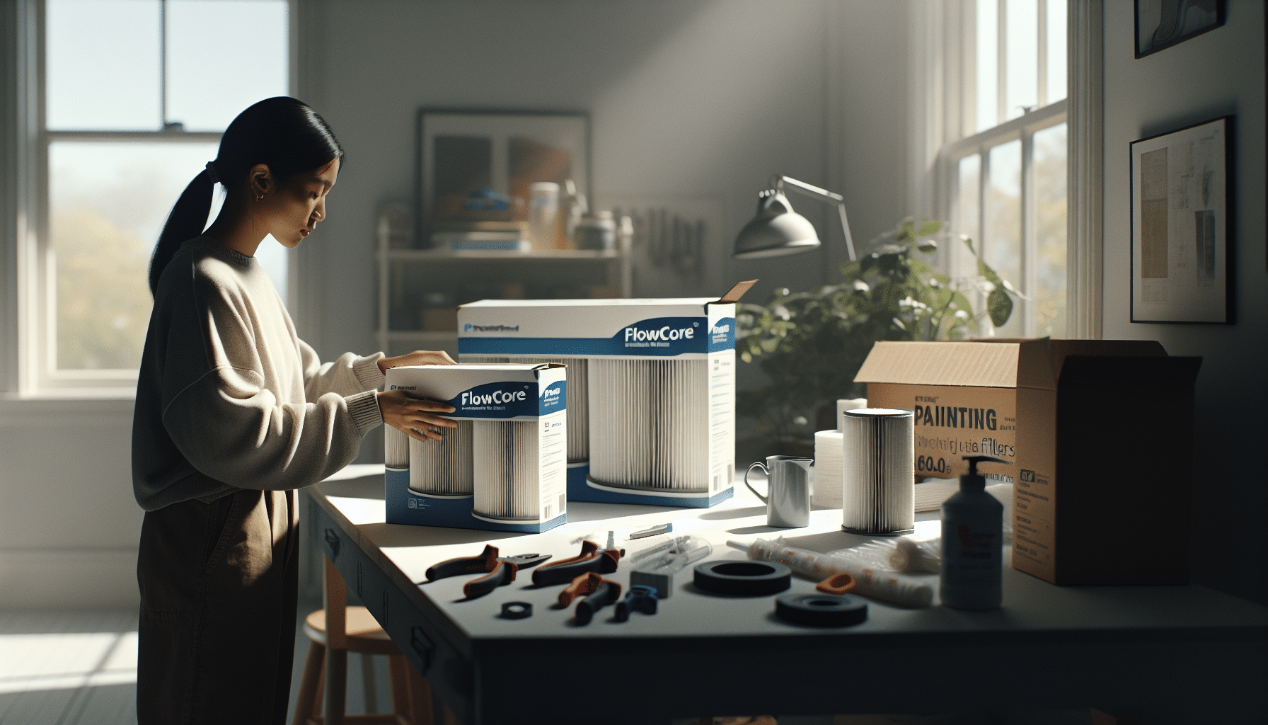 Hands installing or comparing FlowCore and ProDefend dust mask filters in trade and DIY settings.